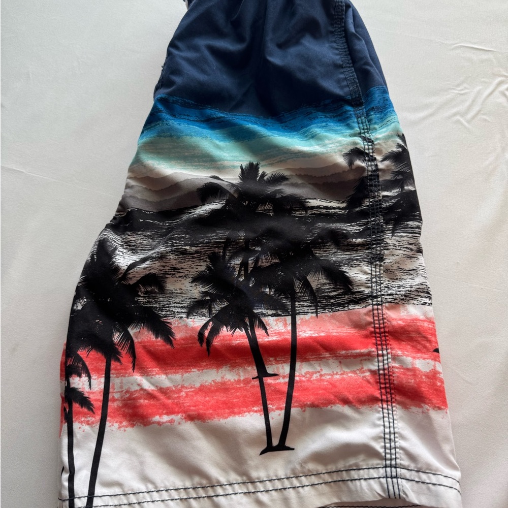 Okanu Brand, Blue & Red Striped Swim Trunks W/Tropical Print, Boy’s (Sz L 14/16) - Picture 5 of 7